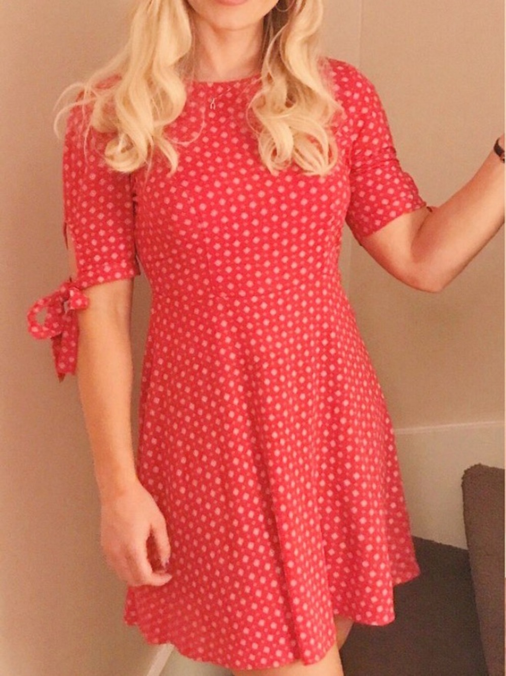 Emma & Michele Red Polka Dot Dress with Peekaboo Sleeves